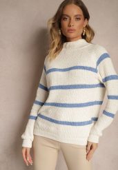 Beżowo-Niebieski Sweter w Poziome Pasy z Domieszką Wiskozy Tintarina. Niebieskie swetry nierozpinane damskie Renee, uniwersalny, bez wzorów, z jeansu, casualowe, bez kołnierzyka, bez ramiączek. Za 59.99 zł.