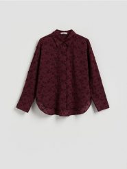 Bawełniana koszula z haftowaniem - burgundowy. Czerwone koszule damskie Reserved, l, bez wzorów, z bawełny, bez kołnierzyka, bez ramiączek. Za 149.99 zł.