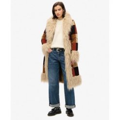 Damski długi płaszcz Superdry Afghan Patchwork. Brązowe płaszcze damskie Superdry, bez wzorów, boho, bez kołnierzyka, bez kaptura. W wyprzedaży za 1,020.40 zł.