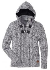 Gruby sweter z kapturem, regular fit. Czarne swetry męskie bonprix, m, z aplikacjami, z dzianiny, bez kołnierzyka, bez ramiączek. Za 189.99 zł.