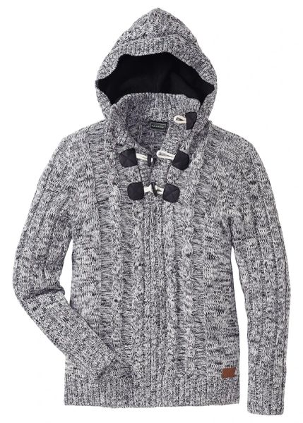 Gruby sweter z kapturem, regular fit. Czarne swetry męskie bonprix, m, z aplikacjami, z dzianiny, bez kołnierzyka, bez ramiączek. Za 189.99 zł.