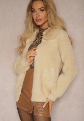 Beżowy Zasuwany Kardigan z Wełną Ozdobiony Kołnierzem z Futerka Dailore. Brązowe kardigany damskie Renee, bez wzorów, z wełny, eleganckie, bez kołnierzyka. Za 149.99 zł.