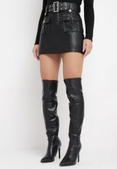 Czarna Spódnica Mini z Szerokim Paskiem z Klamrą i Kieszeniami Quinora. Czarne spódnice damskie Born2be, m, bez wzorów, mini. Za 139.99 zł.