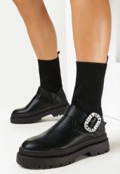 Czarne Wsuwane Botki Workery z Kryształkami i Elastyczną Cholewką z Dzianiny Vutuma. Czarne botki damskie Born2be, bez wzorów, z dzianiny, eleganckie, bez obcasa, na płaskiej podeszwie, bez zapięcia. Za 89.99 zł.
