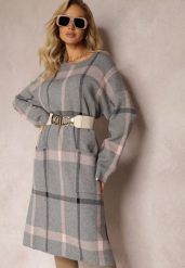 Szara Midi Sukienka w Kratę z Kieszeniami o Pudełkowym Fasonie Bamira. Szare sukienki damskie Renee, l, bez wzorów, bez kołnierzyka, bez ramiączek, maxi. Za 119.99 zł.