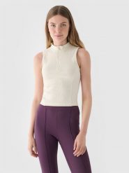4F Top slim z prążkowanej dzianiny damski - biały M. Białe topy damskie 4F, m, bez wzorów, z bawełny, klasyczne, bez kołnierzyka, bez ramiączek. W wyprzedaży za 39.99 zł.