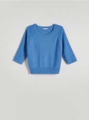 Gładki sweter - niebieski. Niebieskie swetry nierozpinane damskie Reserved, l, bez wzorów, z dzianiny, bez kołnierzyka, bez ramiączek. W wyprzedaży za 39.99 zł.