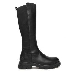 Kozaki Rieker. Czarne kozaki damskie Rieker, bez wzorów, bez obcasa, na płaskiej podeszwie, bez zapięcia. Za 429.99 zł.