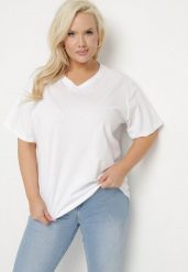 Biały T-shirt z Bawełny z Dekoltem w Serek Aveltebia. Białe t-shirty damskie Born2be, uniwersalny, bez wzorów, z bawełny, klasyczne, bez kołnierzyka, bez ramiączek. Za 34.99 zł.