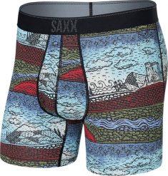 SAXX Bokserki męskie trekkingowe / sportowe z rozporkiem SAXX QUEST Boxer Brief Fly fale górskie - niebieskie S. Niebieskie bokserki męskie Saxx, bez wzorów. Za 103.99 zł.
