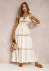 Jasnobeżowa Sukienka Ianina. Brązowe sukienki damskie Renee, m, bez wzorów, z bawełny, eleganckie, bez kołnierzyka, bez ramiączek, maxi, rozkloszowane. Za 159.99 zł.