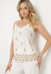 Beżowy Top z Lnem i Wiskozą z Haftem w Stylu Boho Ronira. Brązowe topy damskie Born2be, l, bez wzorów, z jeansu, boho, bez kołnierzyka, bez ramiączek. Za 84.99 zł.