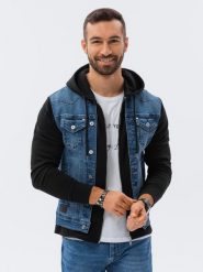 Kurtka męska jeansowa katana z kapturem - niebiesko-czarna. Czarne kurtki męskie Ombre Clothing, m, bez wzorów, z bawełny, klasyczne, z kapturem. W wyprzedaży za 149.99 zł.