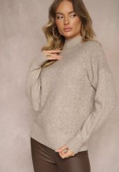 Ciemnobeżowy Golf Sweter z Tłoczeniem i Ściągaczami Melovira. Brązowe swetry nierozpinane damskie Renee, z aplikacjami, z jeansu, eleganckie, bez kołnierzyka, bez ramiączek. Za 99.99 zł.