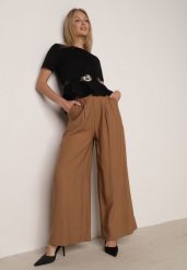 Brązowe Szerokie Spodnie Wiskozowe w Garniturowym Stylu z Paskiem Qera. Brązowe spodnie materiałowe damskie Born2be, bez wzorów, z jeansu, eleganckie. Za 119.99 zł.