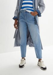 Jeansy barrel, wysoki stan, krótsza długość. Niebieskie jeansy damskie bonprix, bez wzorów, z jeansu, z podwyższonym stanem, krótkie. Za 134.99 zł.