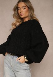 Czarny Sweter z Wełną o Eleganckim Warkoczowym Splotem Makkaria. Czarne swetry nierozpinane damskie Renee, na jesień, z aplikacjami, z jeansu, eleganckie, bez kołnierzyka, bez ramiączek. Za 139.99 zł.