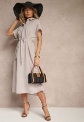 Jasnoszara Wiskozowa Sukienka Koszulowa z Wiązanym Paskiem w Talii Vanisti. Szare sukienki damskie Renee, na co dzień, l, bez wzorów, z wiskozy, eleganckie, bez kołnierzyka, bez ramiączek, midi, dopasowane. Za 79.99 zł.