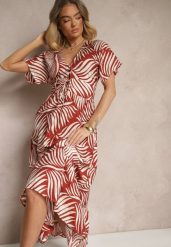 Czerwona Sukienka Wiskozowa o Rozkloszowanym Kroju w Liściasty Wzór Beledia. Czerwone sukienki damskie Renee, do pracy, na lato, l, bez wzorów, z wiskozy, biznesowe, bez kołnierzyka, bez ramiączek, maxi, rozkloszowane. Za 54.99 zł.