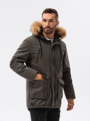 Kurtka męska zimowa parka z dużymi kieszeniami - oliwkowa V1. Zielone kurtki męskie Ombre Clothing, na zimę, m, bez wzorów, z bawełny, bez kołnierzyka, bez kaptura. W wyprzedaży za 119.99 zł.