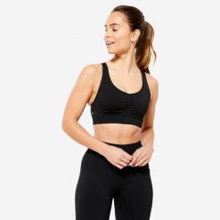 Stanik sportowy Decathlon. Czarne bielizna sportowa damska DOMYOS, l, bez wzorów, ze skóry. Za 89.99 zł.