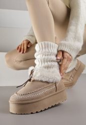 Ciemnobeżowe Śniegowce na Grubej Podeszwie z Ozdobnymi Przeszyciami i Futerkiem Lindera. Brązowe śniegowce damskie Born2be, z jeansu, bez zapięcia. Za 109.99 zł.