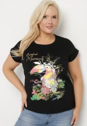 Czarny T-shirt z Bawełny z Nadrukiem i Metalicznym Napisem Norsemi. Czarne t-shirty damskie Born2be, xl, bez wzorów, z bawełny, bez kołnierzyka, bez ramiączek. Za 34.99 zł.