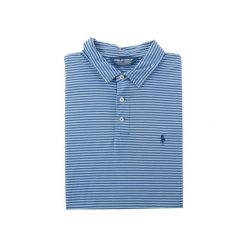Polo Ralph Lauren męskie golf z krótkim rękawem w paski. Niebieskie swetry męskie Ralph Lauren, m, bez wzorów, z tkaniny, eleganckie, bez kołnierzyka, bez ramiączek. Za 88.08 zł.