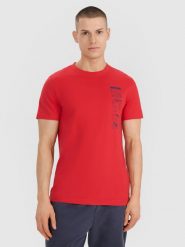 4F T-shirt regular z nadrukiem męski - czerwony L. Czerwone koszulki sportowe męskie 4F, l, bez wzorów, z bawełny, bez ramiączek. Za 49.99 zł.