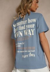 Niebieski T-shirt z Bawełny o Kroju Oversize Fillinea. Niebieskie t-shirty damskie Renee, m, z aplikacjami, z bawełny, klasyczne, bez kołnierzyka, bez ramiączek. Za 49.99 zł.