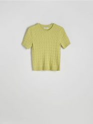 Sweter z ozdobnym splotem - zielony. Zielone swetry nierozpinane damskie Reserved, l, bez wzorów, z dzianiny, bez kołnierzyka, bez ramiączek. W wyprzedaży za 49.99 zł.