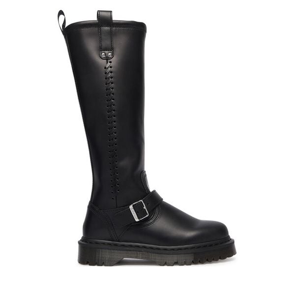 Kozaki Dr. Martens. Czarne kozaki damskie Dr. Martens, bez wzorów, bez obcasa, na płaskiej podeszwie, bez zapięcia. Za 1,179.00 zł.