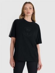 4F T-shirt oversize z nadrukiem damski - czarny XS. Czarne t-shirty damskie 4F, xl, bez wzorów, z bawełny, klasyczne, bez kołnierzyka, bez ramiączek. W wyprzedaży za 49.99 zł.