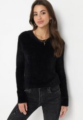 Czarny Puchaty Sweter z Dekoltem V Kerriyah. Czarne swetry nierozpinane damskie Born2be, s, bez wzorów, bez kołnierzyka, bez ramiączek. Za 59.99 zł.