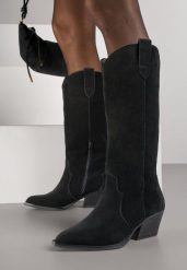Czarne Kozaki Typu Kowbojki na Stożku z Naturalnego Zamszu Adeora. Czarne kozaki damskie Renee, bez wzorów, z jeansu, bez obcasa, na obcasie, bez zapięcia. Za 299.99 zł.