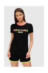 MOSCHINO Czarny t-shirt z neonowym logo. Czarne t-shirty damskie MOSCHINO, s, bez wzorów, prążkowane, bez kołnierzyka, bez ramiączek. W wyprzedaży za 299.99 zł.