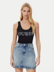 Guess Top W5GP29 KA0H1 Czarny Regular Fit. Czarne topy damskie Guess, s, z aplikacjami, z bawełny, bez kołnierzyka, bez ramiączek. Za 99.99 zł.