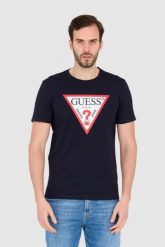 GUESS T-shirt granatowy slim fit. Niebieskie t-shirty męskie Guess, l, z aplikacjami, bez kołnierzyka, bez ramiączek. W wyprzedaży za 122.99 zł.
