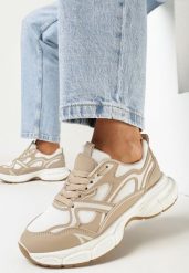 Ciemnobeżowe Sznurowane Sneakersy z Siateczkowymi Wstawkami Hanrietta. Brązowe obuwie sportowe damskie Born2be, bez wzorów, z jeansu, bez zapięcia. Za 119.99 zł.