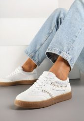 Białe Sneakersy Kultowe Tenisówki z Ozdobnymi Przeszyciami i Tweedem Koriarea. Białe trampki i tenisówki damskie Born2be, bez wzorów, z jeansu, bez zapięcia. Za 84.99 zł.
