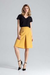 Musztardowa Midi Spódnica w Kształcie Litery A z Kontrafałdą. Brązowe spódnice damskie Figl, xl, bez wzorów, z materiału, midi, trapezowe. Za 199.00 zł.