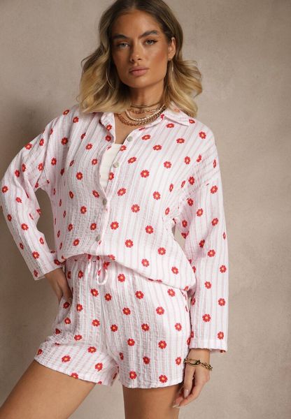Różowy Muślinowy Komplet z Bawełny Koszula i Szorty we Wzór w Paski i Kwiaty Sellimi. Czerwone koszule damskie Renee, bez wzorów, z bawełny, bez kołnierzyka, bez ramiączek. Za 159.99 zł.
