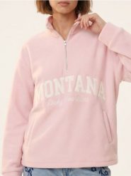 Polarowa bluza half-zip z napisem - różowy. Czerwone bluzy damskie Sinsay, l, bez wzorów, z polaru, bez ramiączek, bez kaptura. Za 59.99 zł.