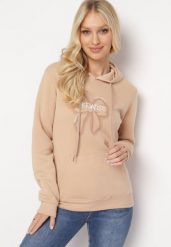 Beżowa Polarowa Bluza z Kapturem i Ściągaczami Ozdobiona Nadrukiem Mleza. Brązowe bluzy damskie Born2be, l, bez wzorów, z polaru, casualowe, bez ramiączek, z kapturem. Za 84.99 zł.
