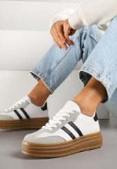 Biało-Czarne Sneakersy w Stylu Tenisówki z Paskami Hirnelia. Białe trampki i tenisówki damskie Renee, bez wzorów, z jeansu, bez zapięcia. Za 79.99 zł.