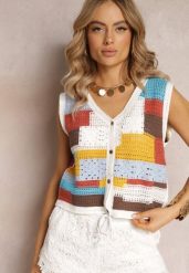 Biało-Niebieski Top z Bawełnianej Dzierganej Tkaniny Zapinany na Guziki Kawayne. Białe topy damskie Renee, bez wzorów, z bawełny, boho, bez kołnierzyka, bez ramiączek. Za 69.99 zł.