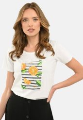 T-shirt z nadrukiem T-VALERY. Białe t-shirty damskie Volcano, xxl, bez wzorów, z bawełny, klasyczne, bez kołnierzyka, bez ramiączek. Za 54.99 zł.