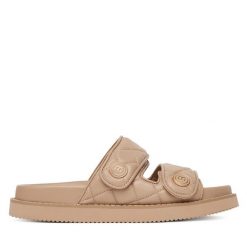 Klapki Badura. Brązowe klapki damskie Badura, bez wzorów, bez obcasa, bez zapięcia. Za 229.99 zł.