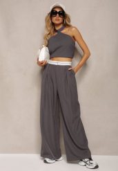 Szare Spodnie z Wiskozy Palazzo High Waist Zapinane na Suwak Nellieva. Szare spodnie materiałowe damskie Renee, bez wzorów, z jeansu, z podwyższonym stanem. Za 139.99 zł.