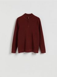 Sweter z rozpinaną stójką - bordowy. Czerwone swetry męskie Reserved, l, bez wzorów, z bawełny, bez kołnierzyka, bez ramiączek. Za 159.99 zł.